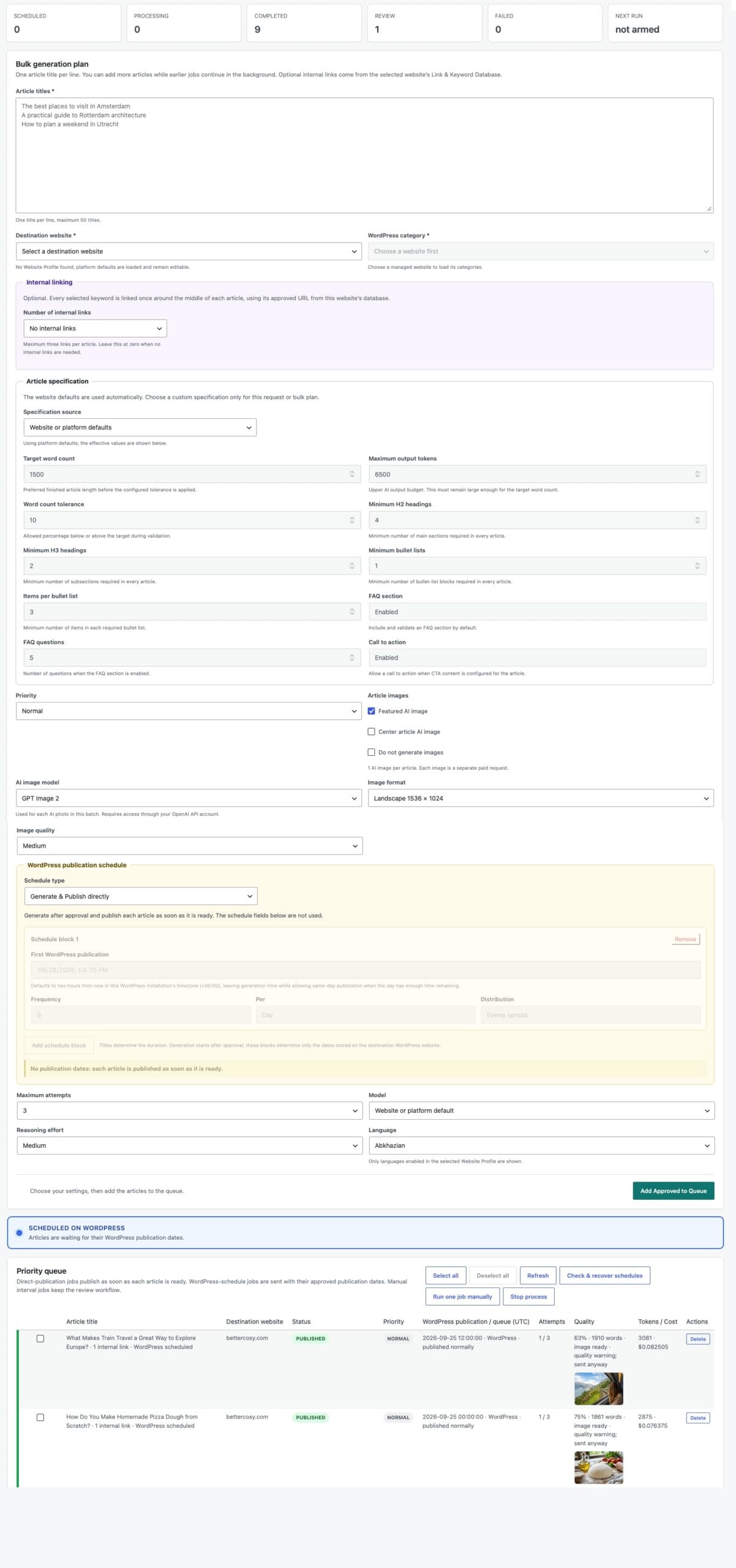 Complete SitePublisher AI Pro Bulk Automation screen with article titles, destination website, internal links, images and publication scheduling.