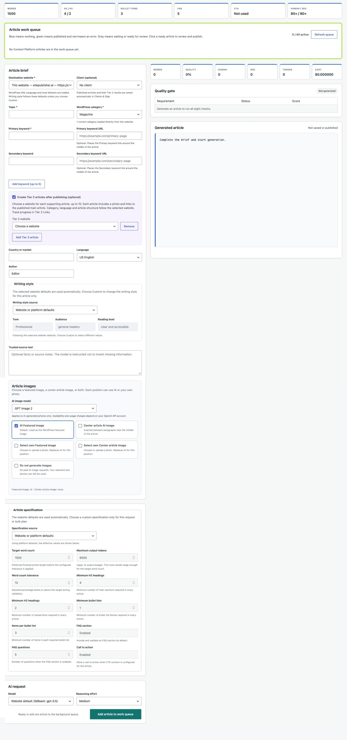 Completa la pantalla SitePublisher AI Pro Single Article con sitio web de destino, cliente opcional, enlaces de palabras clave, artículos de Tier 2, estilo de escritura y configuración de generación.