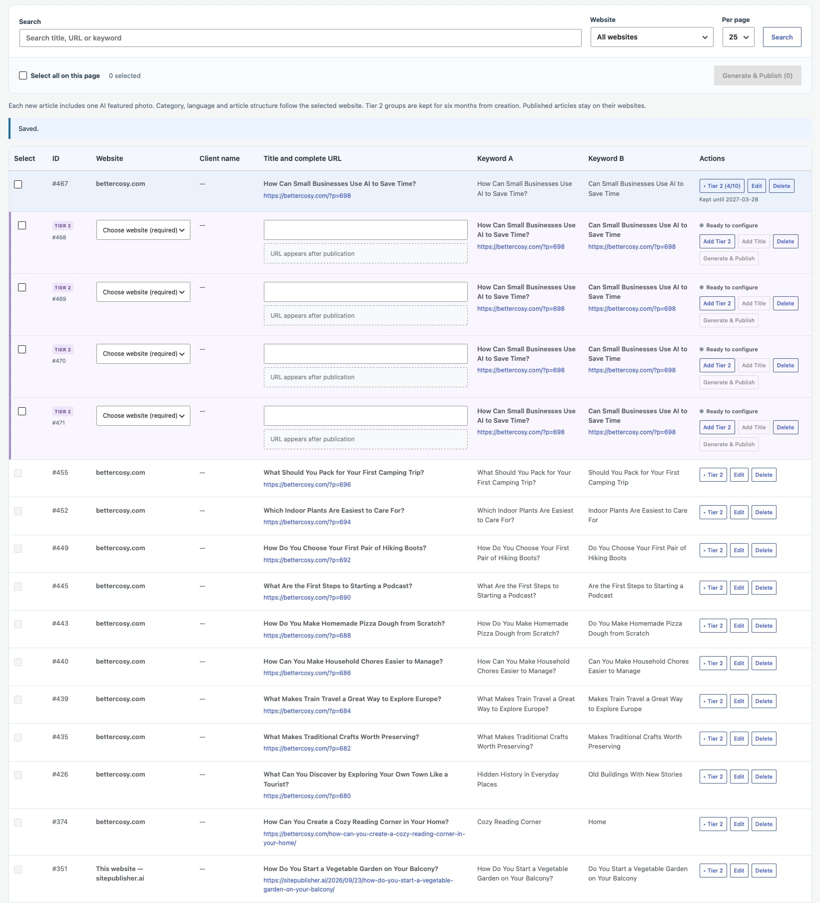 Complete SitePublisher AI Pro Tier 2 Links screen with the main article, expanded supporting article rows, destination website choices and publication actions.